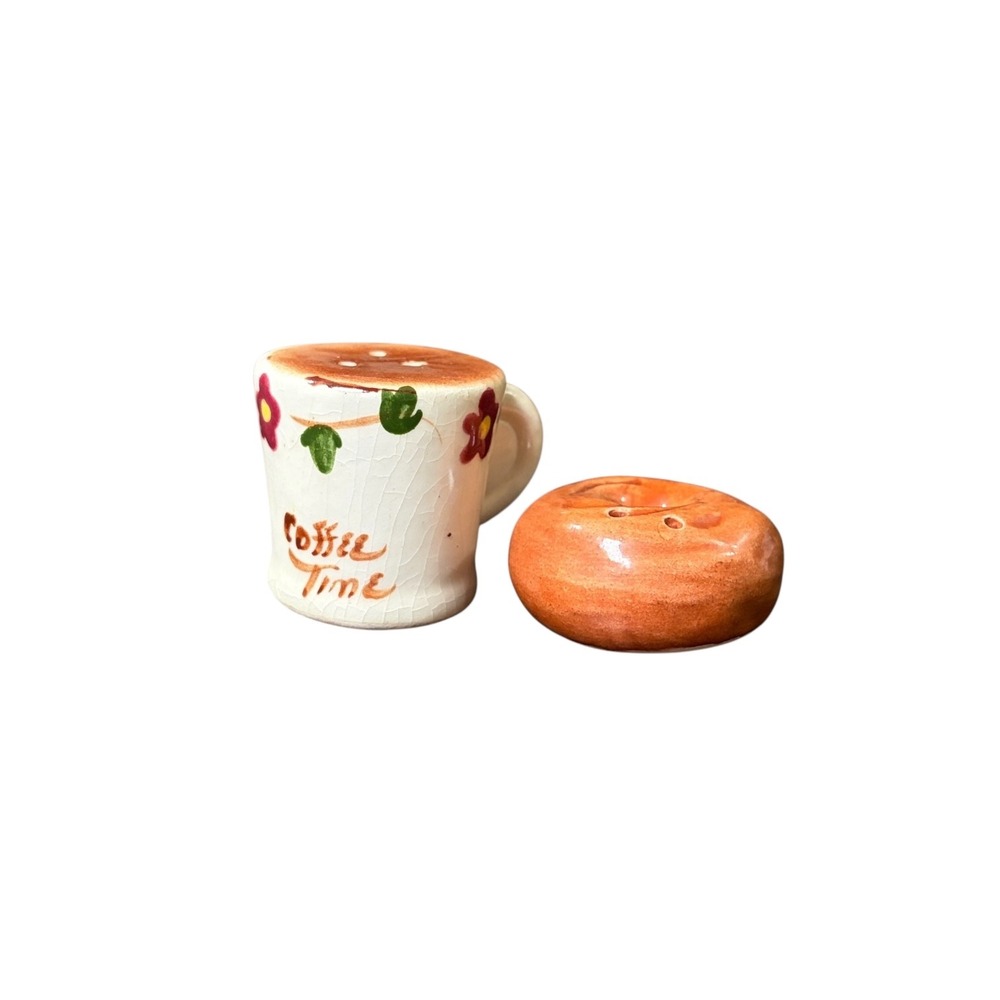 Vintage Coffee‎ Time Donut Mug Salt Pepper Shakers Ceramic Hand Painted Set